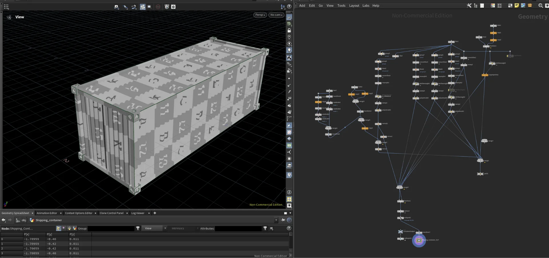 Base shipping container render alongside the full Houdini node network that builds it