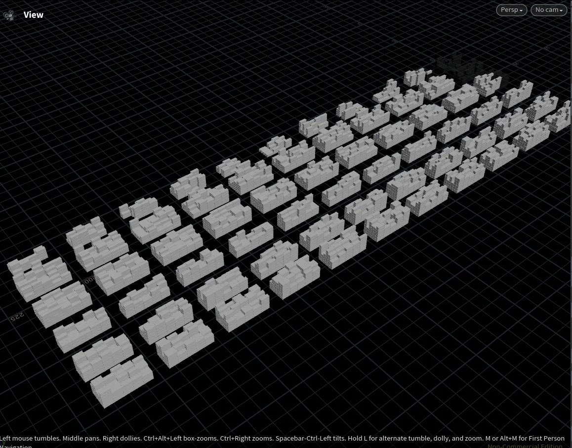 Wide view of the completed procedural shipping container yard in Houdini