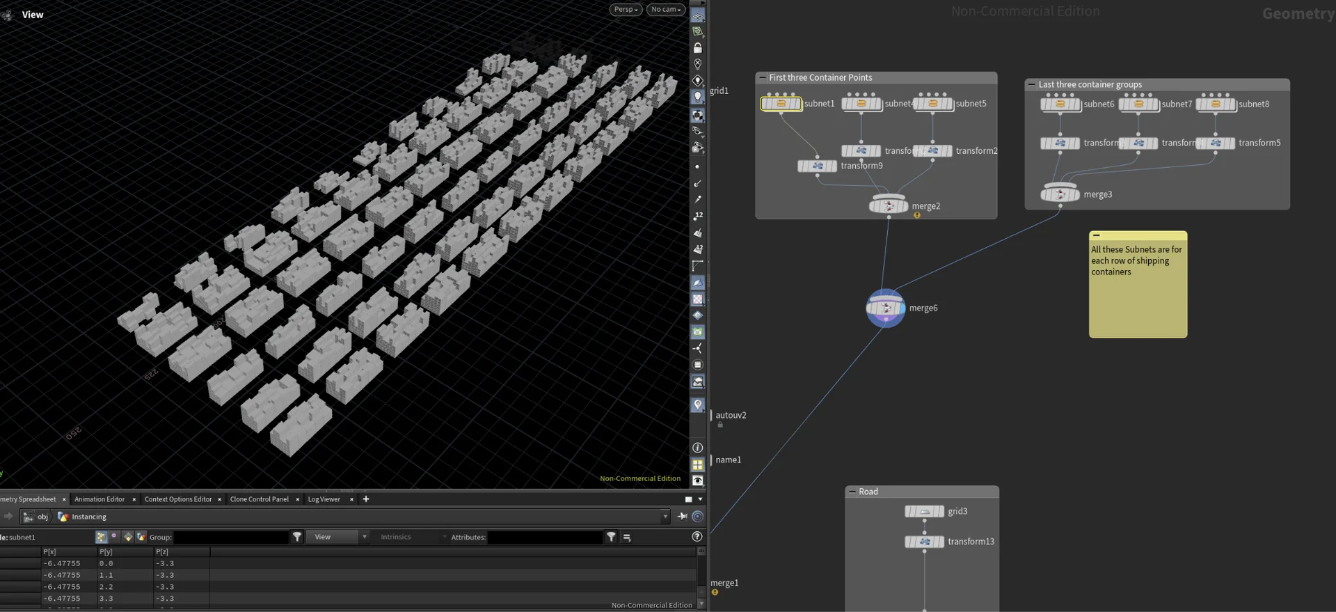 Subnetwork graph merging container point groups into rows across the shipping yard