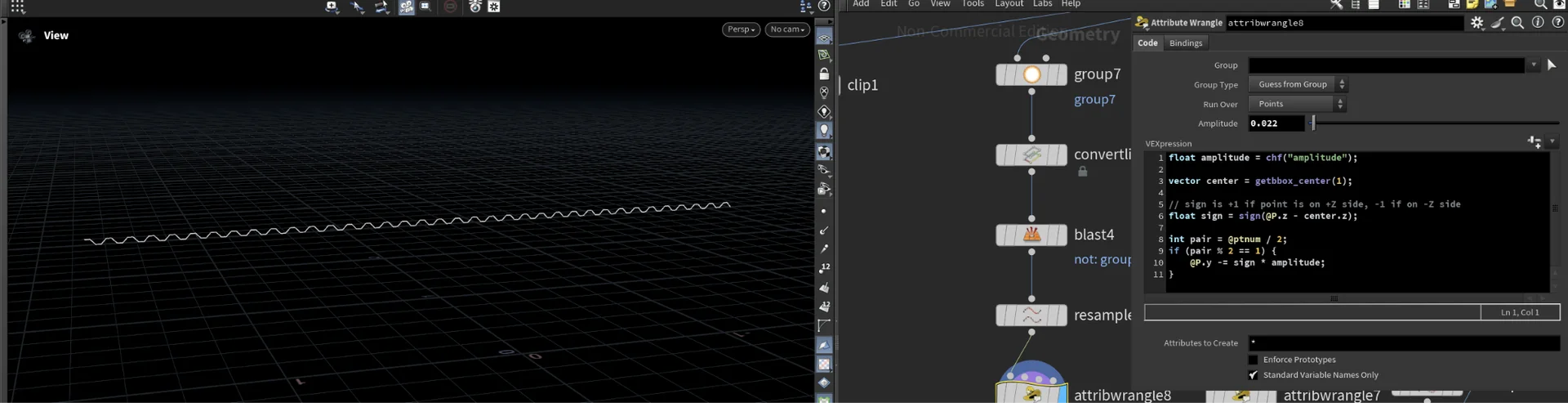 VEX wrangle code and resulting corrugated line profile for the sheet-metal ridges