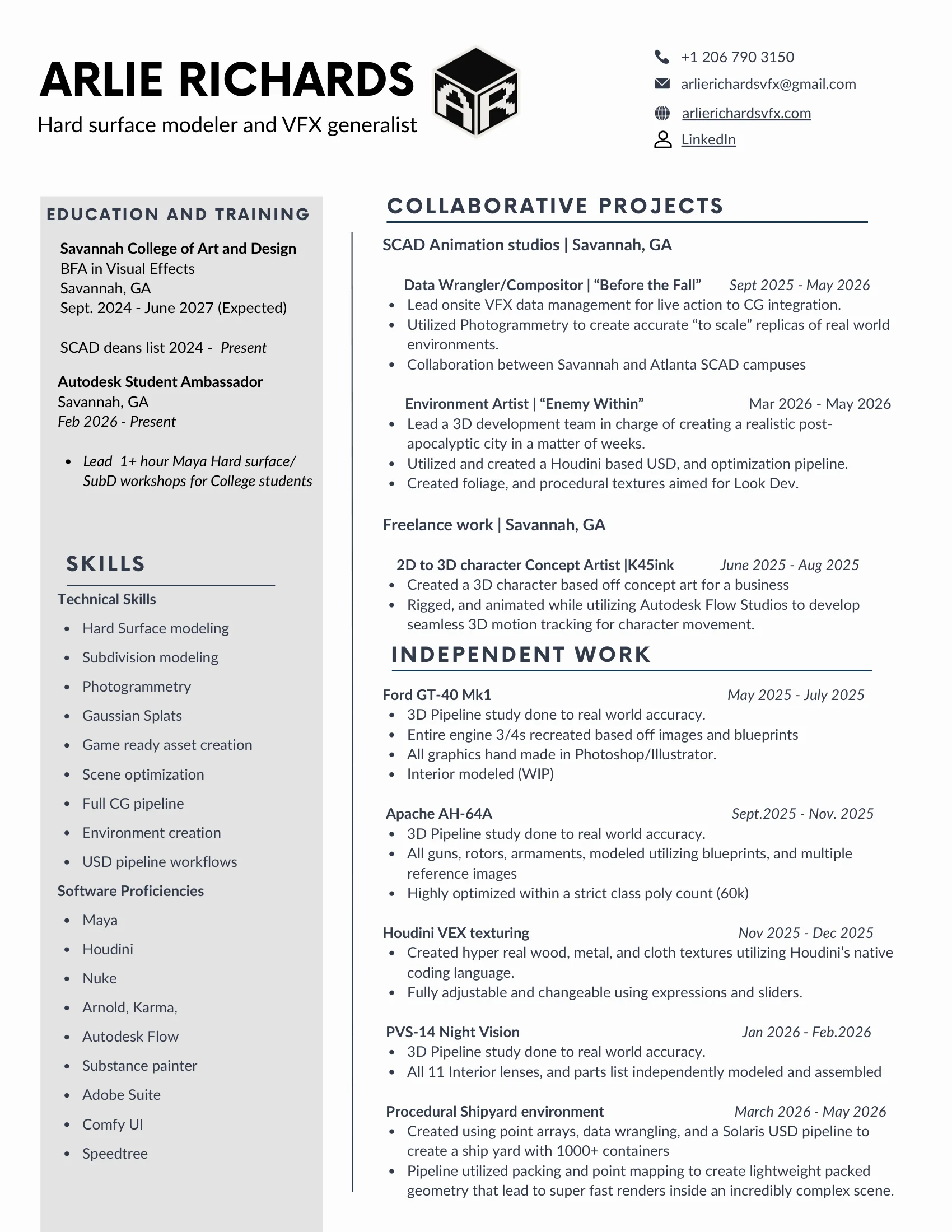 Resume of Arlie Richards, hard surface modeler and VFX generalist